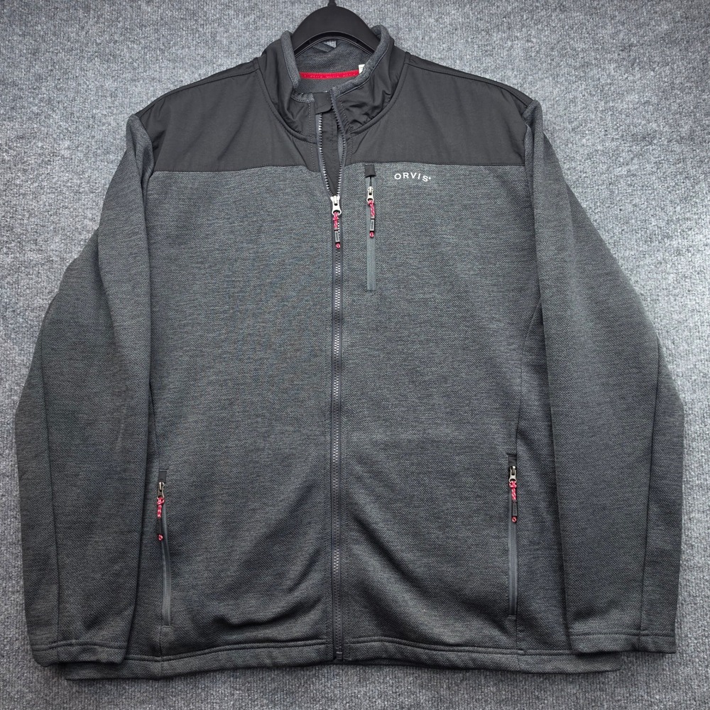 Orvis Mens XL Full Zip Fleece Lined Jacket Charcoal Gray Mixed Media Mock Neck